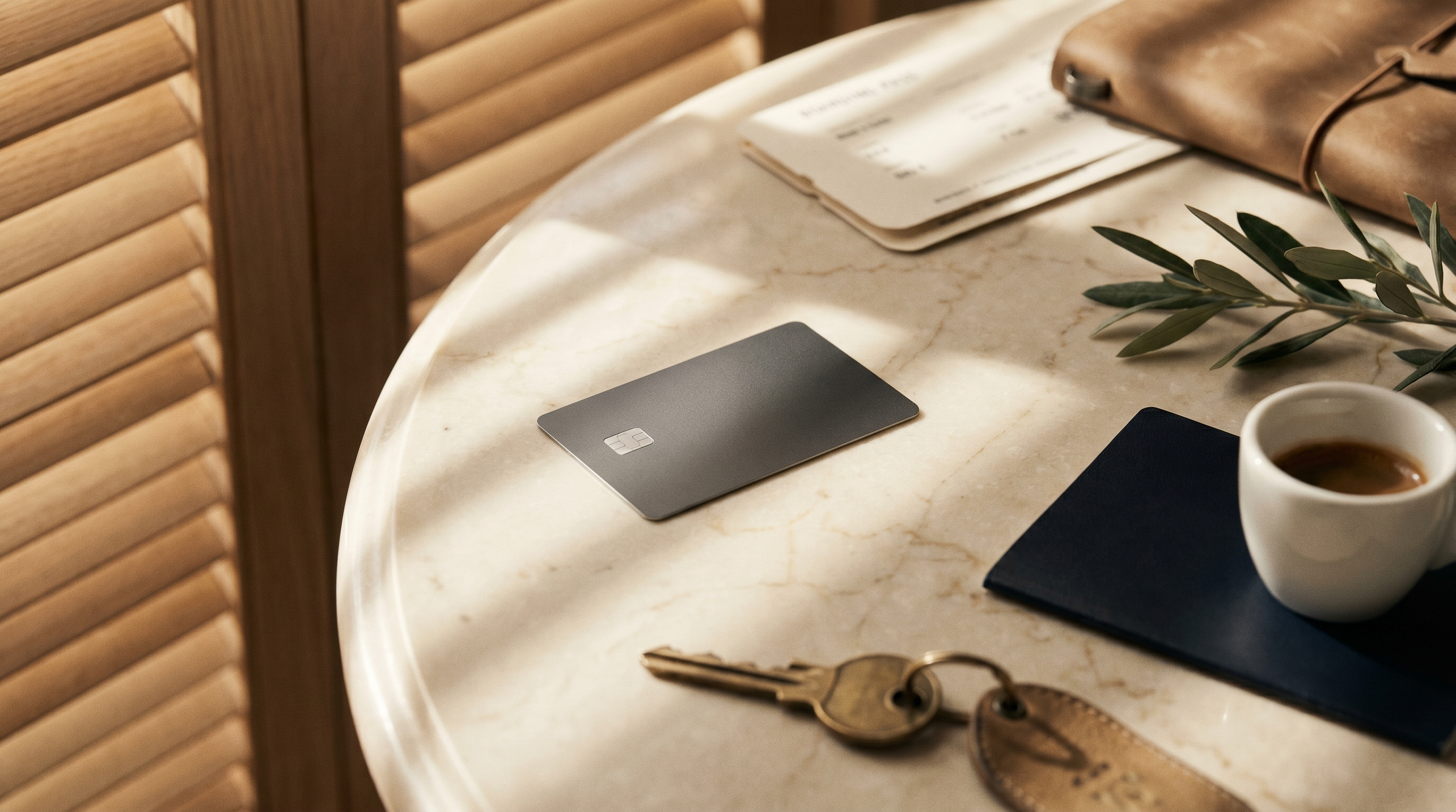 A premium metal card on cream marble with passport, espresso and brass key