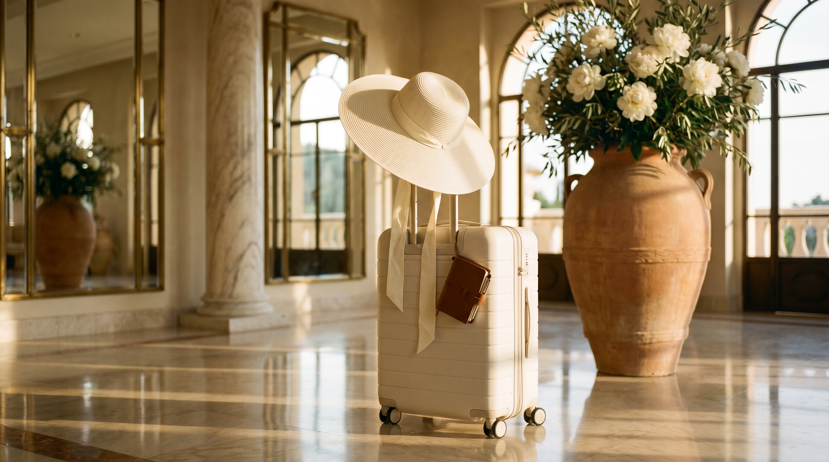 An off-white hard-shell cabin trolley in a sun-lit Mediterranean hotel lobby