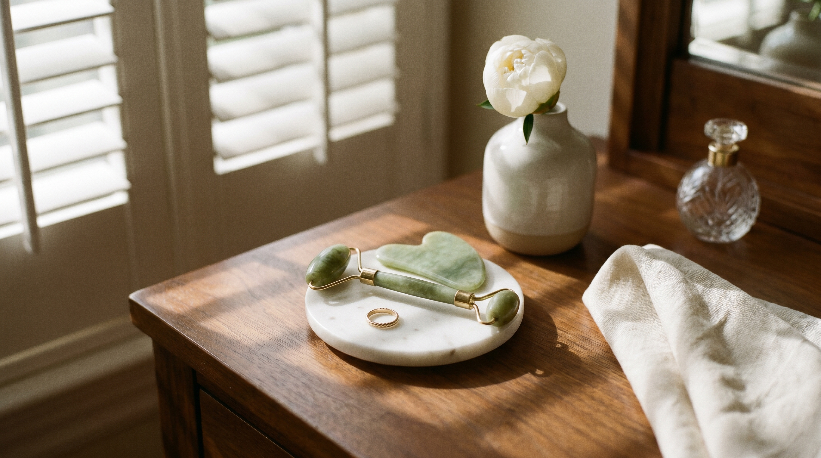 A jade roller and gua sha on a marble dish on a walnut vanity in warm shutter light