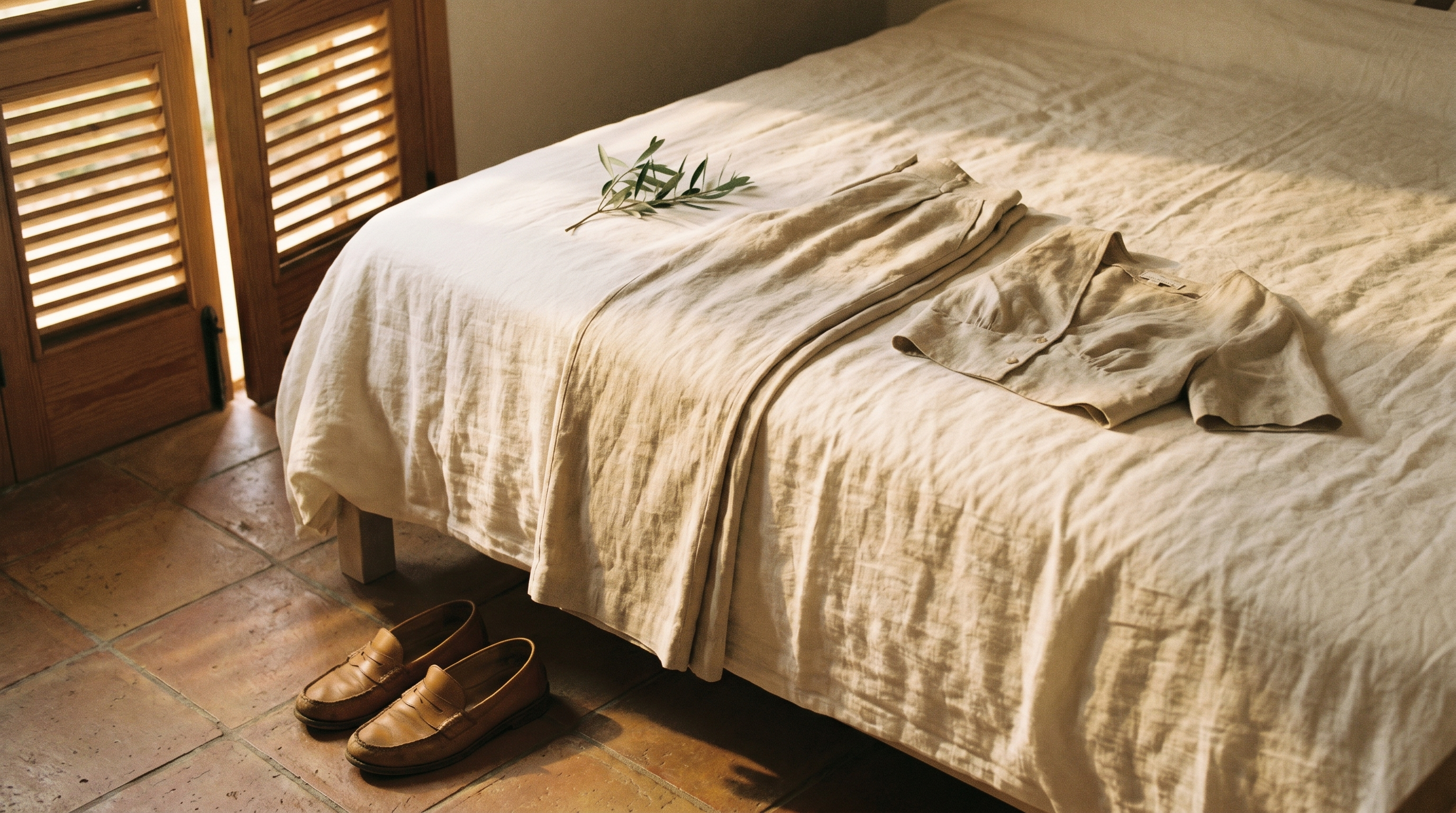 An oat linen co-ord laid out on white linen sheets, tan loafers below, shutter light