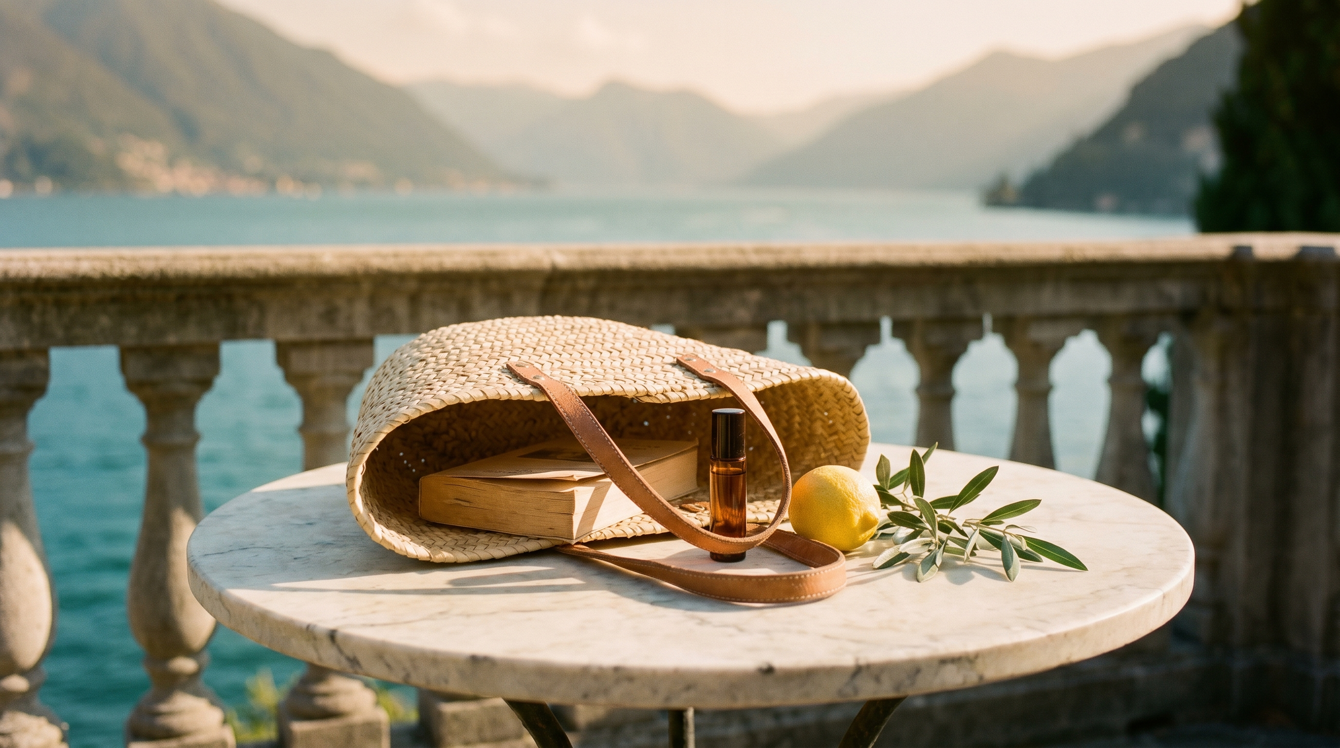 A raffia basket bag in Mediterranean golden-hour light