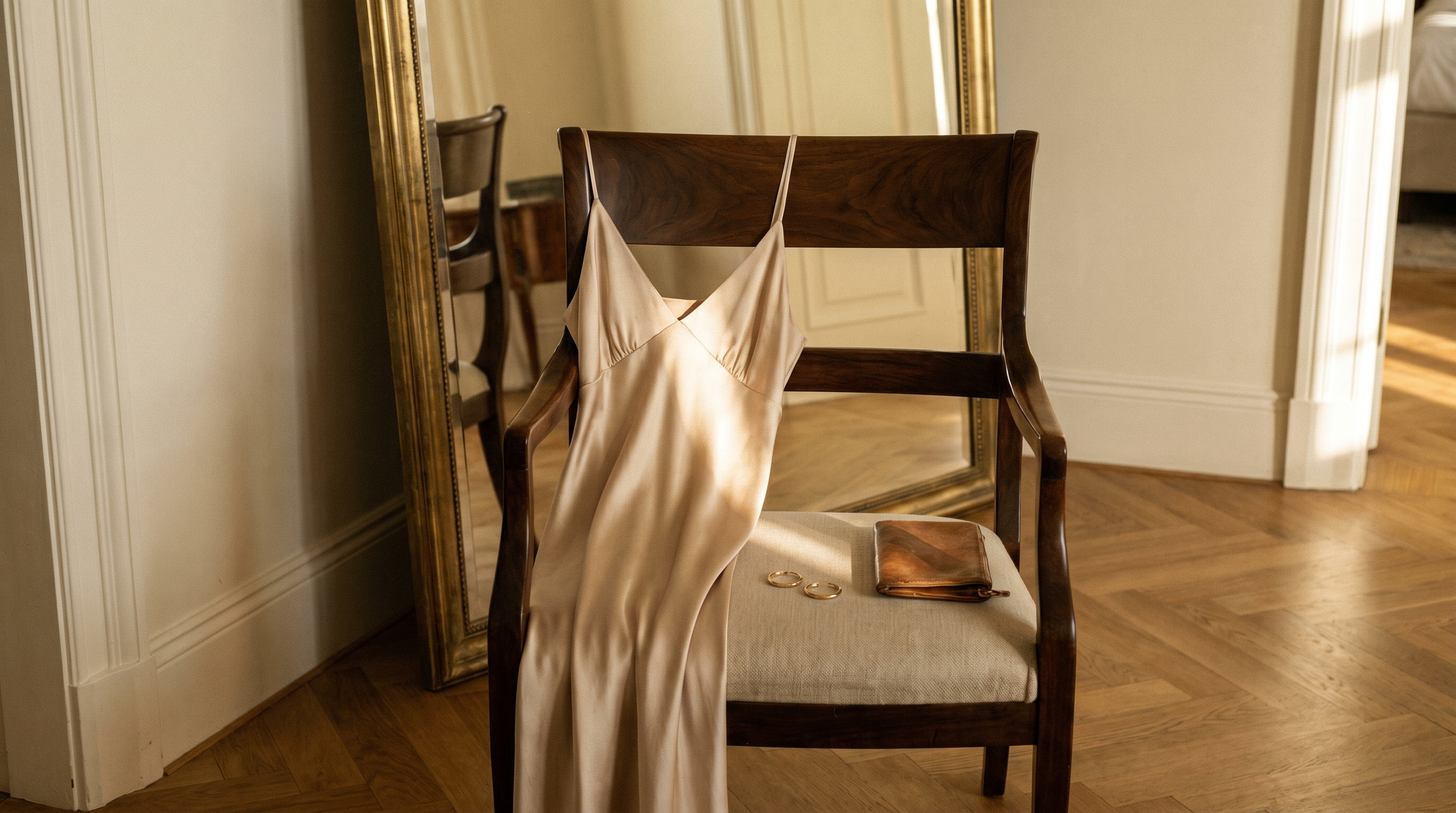 A champagne silk slip dress draped over a walnut chair in front of an antique mirror