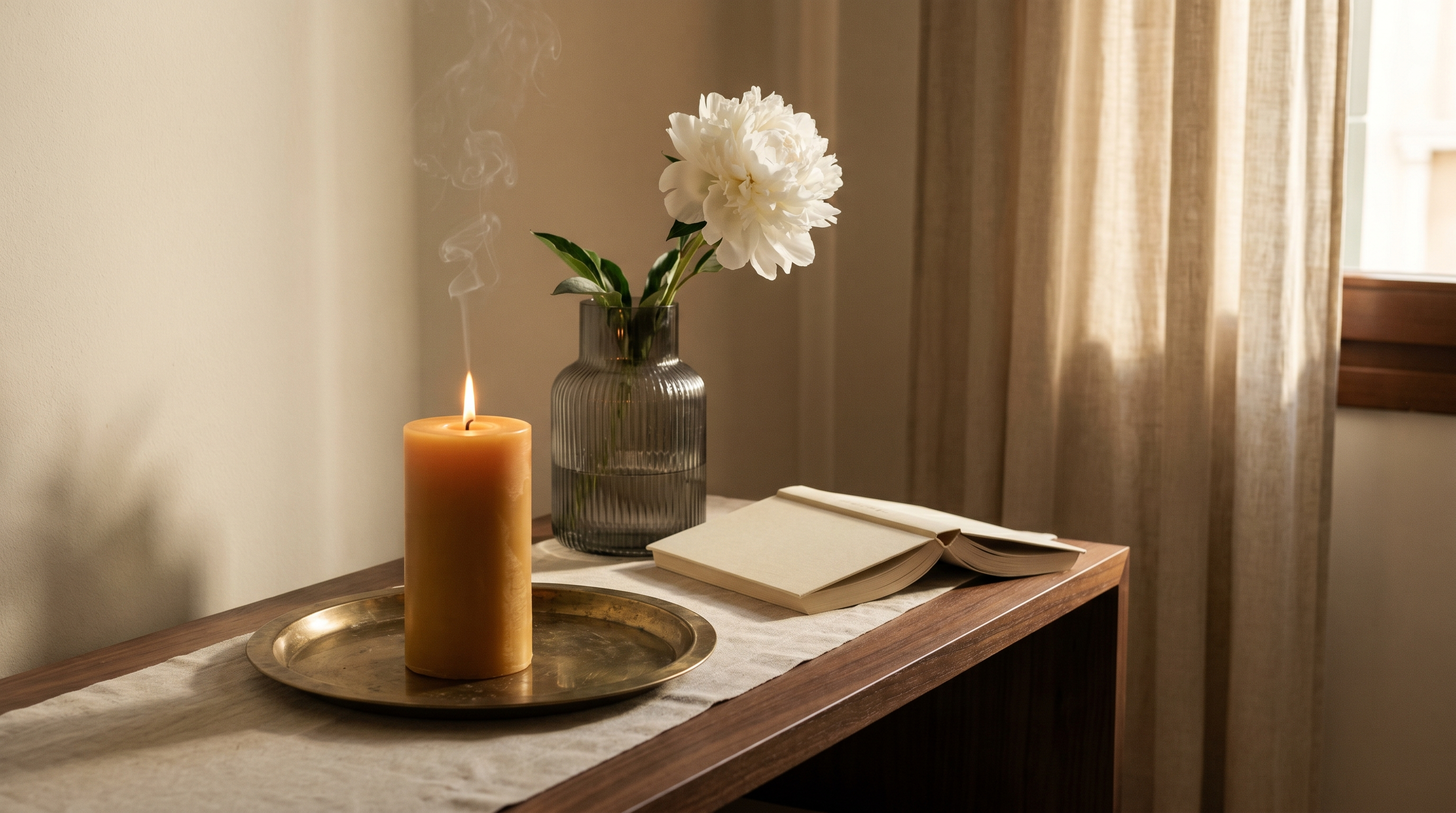 A lit beeswax candle and peonies at golden hour