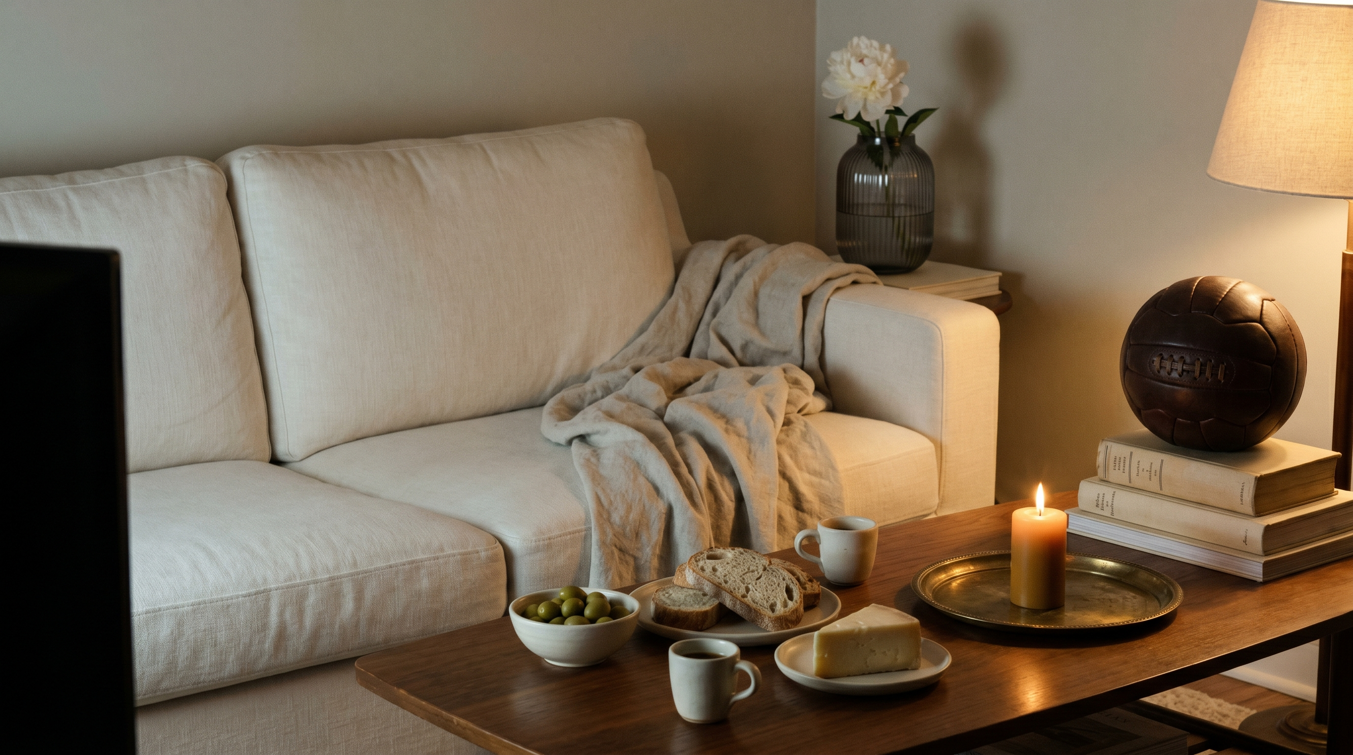 A linen sofa, ceramic spread, candle and vintage leather football — the quiet watch party