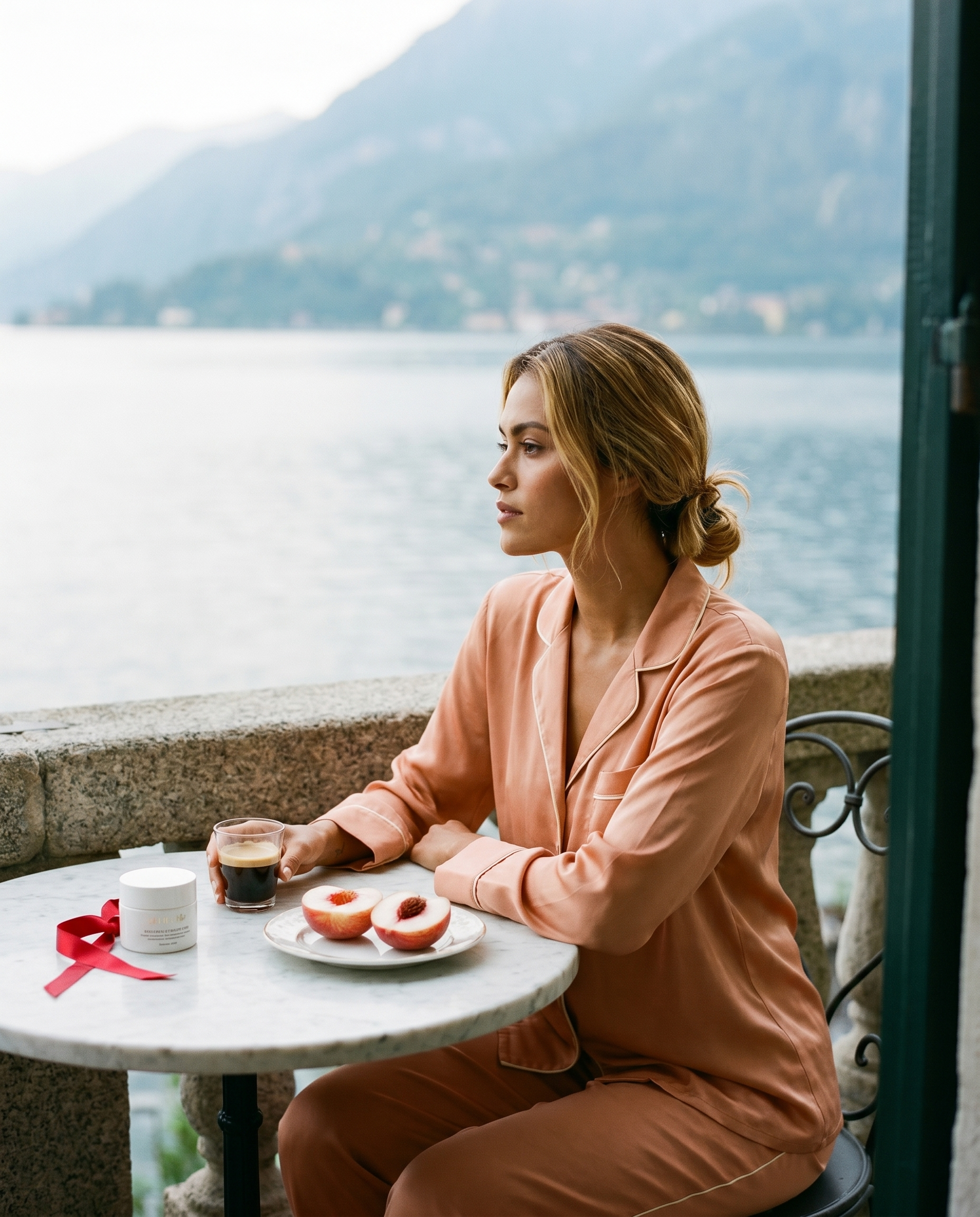A slow morning on a Lake Como balcony, espresso on a marble table, soft pink-gold light
