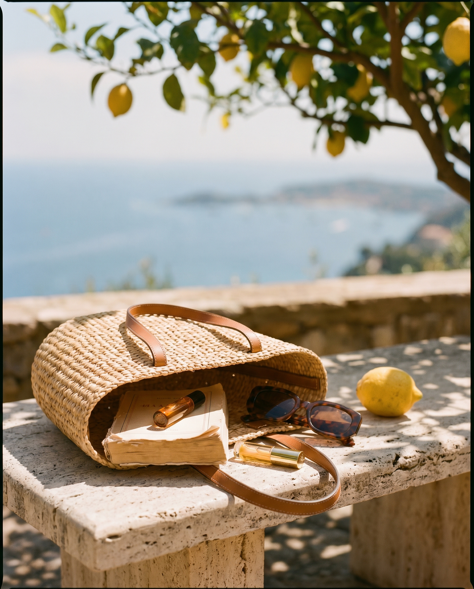 A handwoven raffia basket bag on a sun-warmed stone bench, with a paperback, perfume and tortoiseshell sunglasses inside