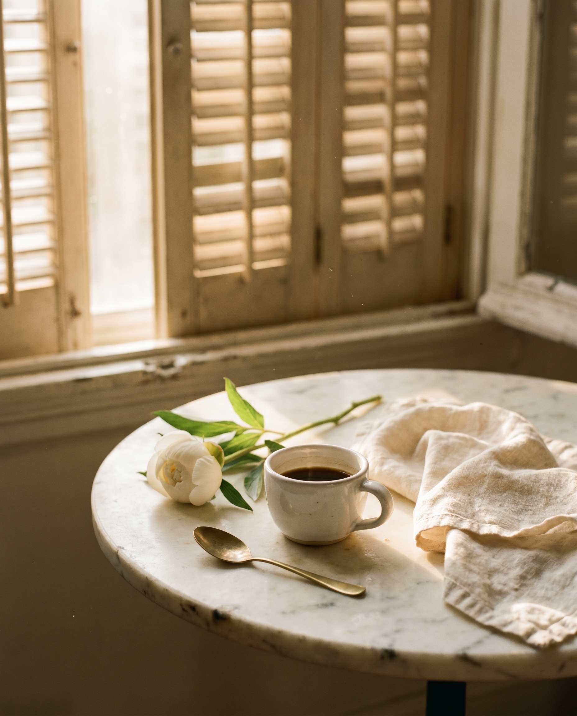 White ceramic espresso cup and a single peony on a marble table in morning light
