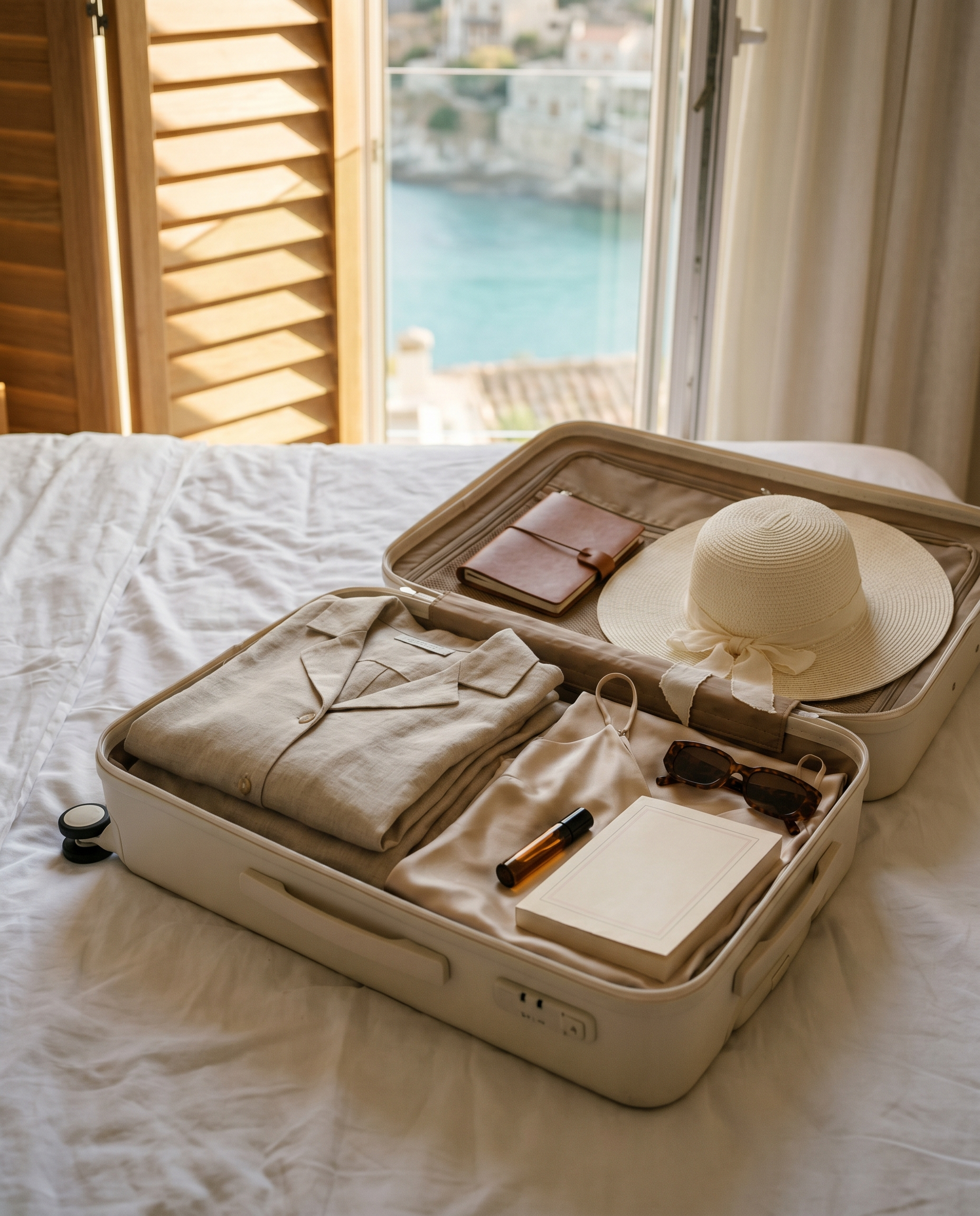 An open cabin trolley on a hotel bed, packed with linen and a wide-brim straw hat