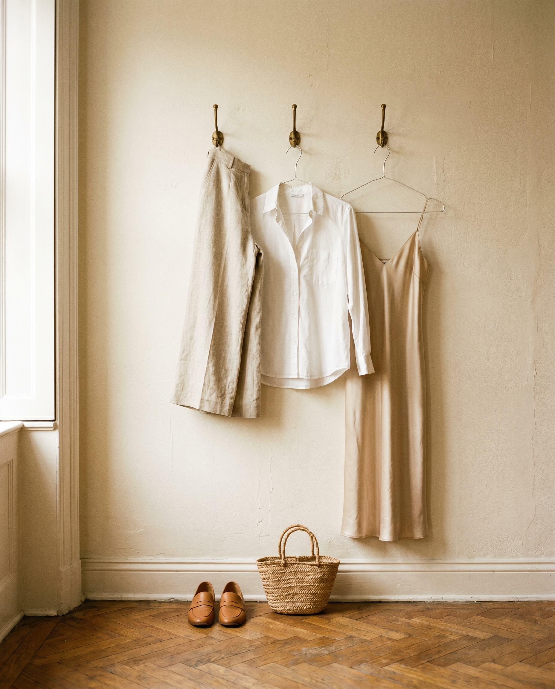 Linen co-ord, white button-down, champagne silk slip dress hanging on antique brass hooks