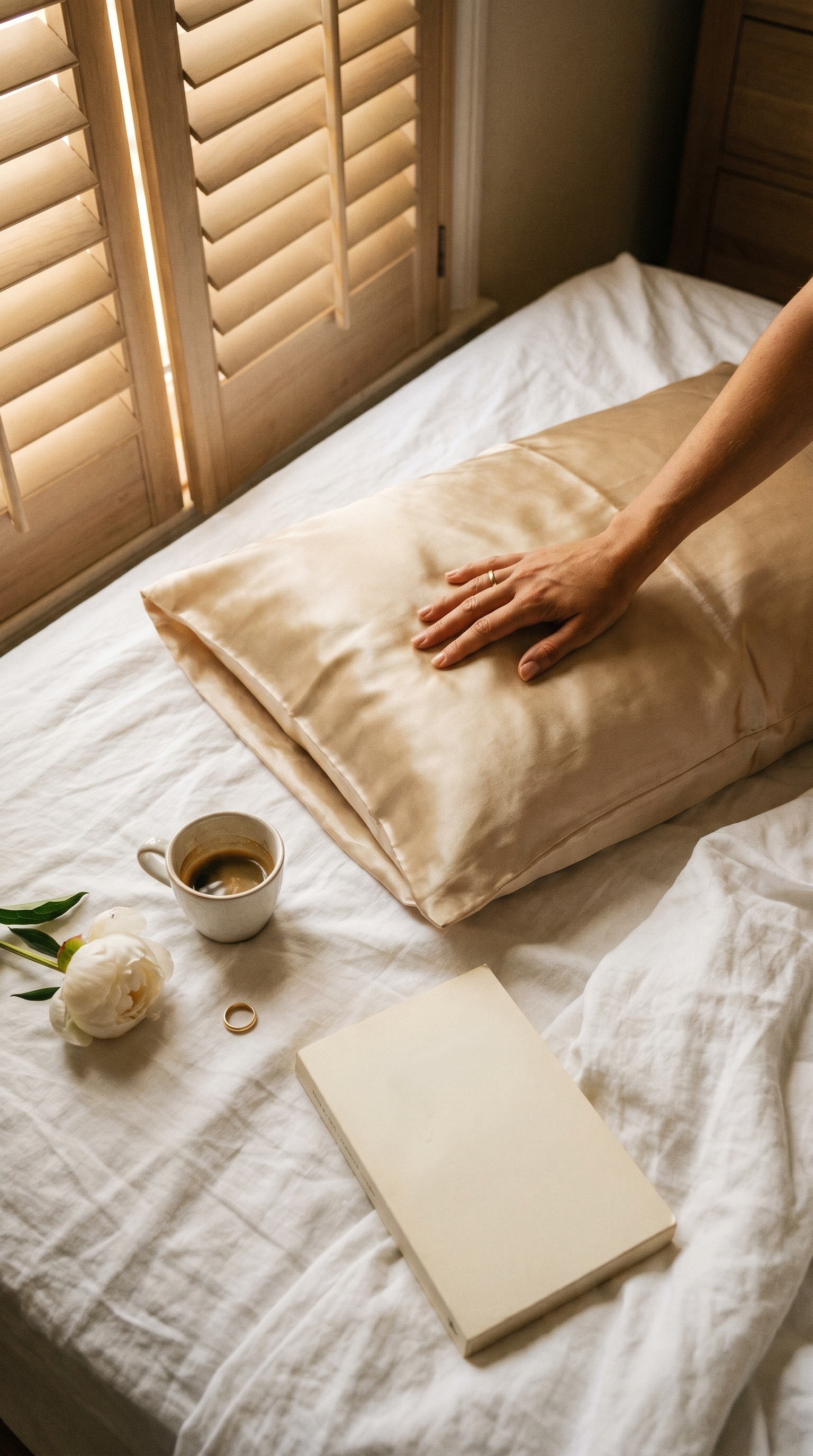 Folded champagne silk pillowcase, espresso cup, peony and a paperback on white linen
